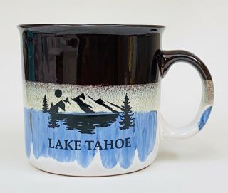 Lake Tahoe Mountain Souvenir Ceramic Blue Brown White Large Soup Coffee Mug