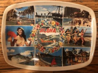 Aloha Plate Plastic Hawaii Hula Girl Palm Beach Canoe Lei Uss Arizona Mem Tiki
