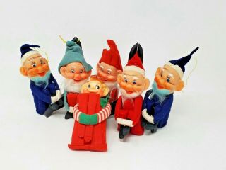 6 Vintage Christmas Pixie Elf Dwarf Santa Knee Hugger Felt W Rubber Face - Japan