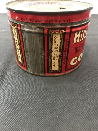 Vintage Hills Bros Coffee Tin Can Empty w/ lid One Pound Size Red Can Brand 3