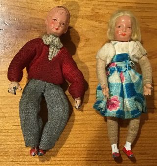 Vintage 3 1/2” Caco Poseable Girl & Boy Dollhouse Doll Miniature Germany