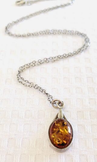 Vintage Sterling Silver 925 & Amber Pendant With Necklace