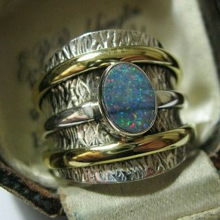 Vintage Style Modernist Sterling Silver Gold Doublet Fire Opal Ring Size Q 8