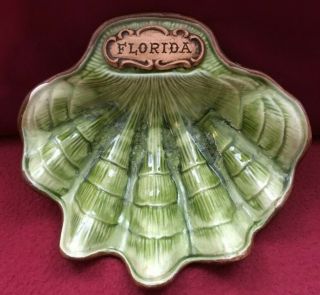 Florida Treasure Craft Ceramic Souvenir Green Clam Shell Ash Tray Dish Made Usa