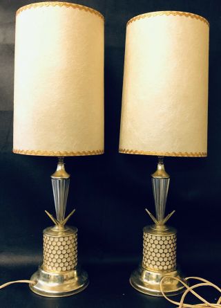 Vintage Table Lamp Pair White Gold Mid Century Modern 50s Atomic Set Pineapple