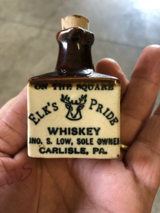 Vintage Elk’s Pride S.  Low Carlisle Pa Stoneware Pottery Whiskey Sampler Bottle