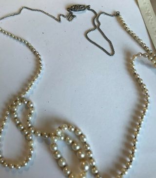 Vintage Art Deco Hand Strung Sterling Silver & Pearl Necklace 34.  5”