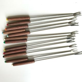 Vintage Stainless Steel Fondue Forks Set Of 12 Color Coded End Tip Wood Handles