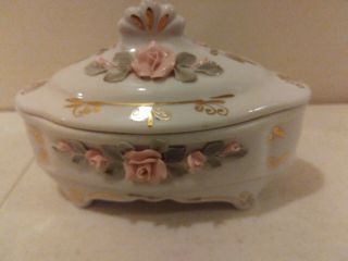 Vintage Porcelain Trinket Box With Lid White Gold Trim And Applied Roses 5 " Long