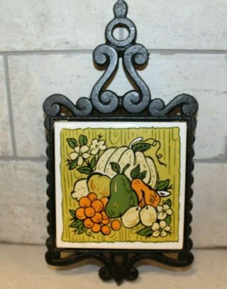 Vintage Cast Iron & Ceramic Tile Trivet Fruit & Vegetables Made In Japan Green