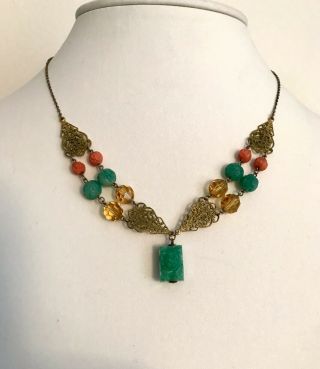 Vintage Art Deco Czech Peking Glass Jade Topaz Coral Gold Tone Filigree Necklace