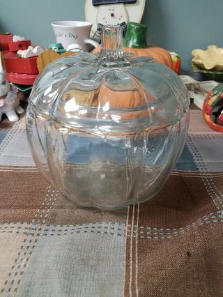 Anchor Hocking Clear Pumpkin Glass Candy Cookie Jar Vintage