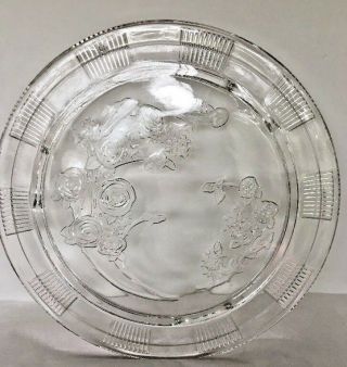 Cake Plate Clear Glass Feet Rose Design 11 1/2 " Dia Vintage Dinnerware Party