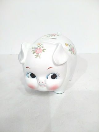 Vintage Lefton China Porcelain Piggy Bank Hand Painted - Flowers