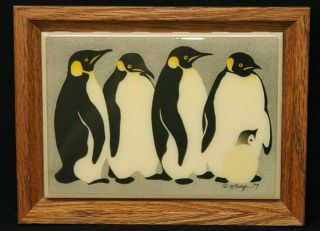 Vintage Framed Ceramic Art Tile 4.  25 " X 6 " Penguins,  Kimberly Enterprises Epoc