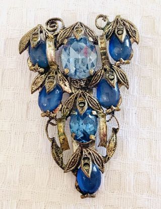 Antique Vintage Art Deco Filigree Blue Czech Glass Grape Drop Vine Dress Clip