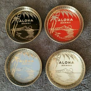 Vintage Aloha Hawaii Silvertone Chrome Metal Coasters - Set Of 4 - From 1950s - 60s