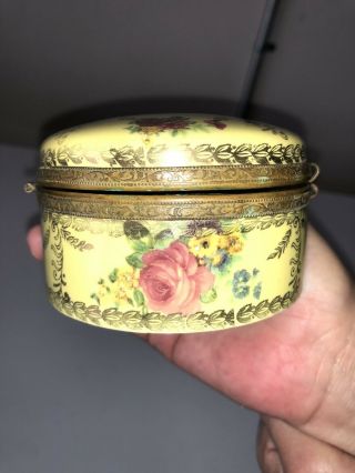 Vintage Yellow Round Porcelain Trinket/Powder Box - Gold Brass Hinged Lid 2