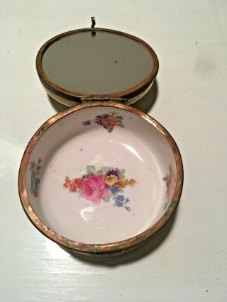 Vintage Yellow Round Porcelain Trinket/Powder Box - Gold Brass Hinged Lid 3
