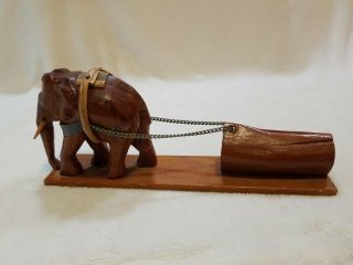 Vtg.  Hand Carved Wooden Elephant Pulling Log 8 " Figurine Statue Vietnamese