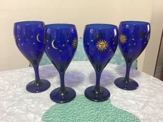 5 Vintage Libbey Cobalt Blue Celestial Moon & Stars Wine Goblets