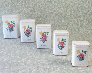 Vintage Set Of 5 French Storage Tins Graduating Kitchen Canisters Cream / Floral