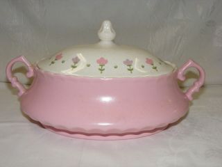 Vintage Metlox China Vernonware Pink Lady 1.  25 Quart Oval Covered Casserole Bowl