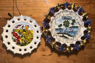 2 Vintage Florida Map Porcelain Wall Plate Souvenir Luster Set Of 2