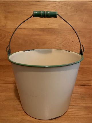 Vintage White Enamel Ware 2 Gallon Bucket / Pail With Green Trim And Wood Handle