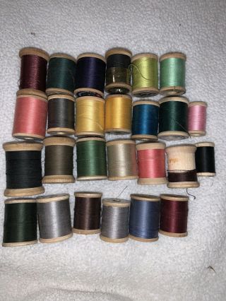 25 Vintage Wooden Spools Of Silk Thread