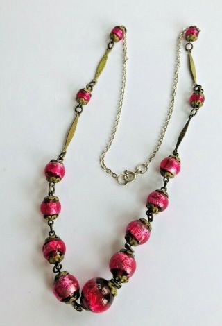 Vintage Art Deco Foil Glass Beads Pink Colour Extension Chain Silver 925