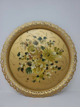 Vintage Nashco Gold Metal Tray Hand Painted With Flowers.  Shabby Filigree Edge