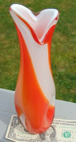 Vintage Thick Heavy Murano Art Glass Orange & White Vase Fish Mouth & 3 Dimpled