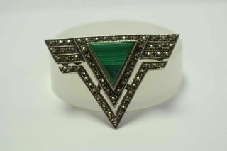 Vintage Art Deco Style Sterling Silver Brooch With Marcasite And Malachite V G C