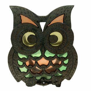 Vintage Cast Iron Stained Glass Owl Napkin/letter Holder Kitchen/office