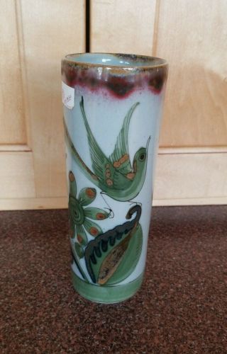 Vintage Ken Edwards Pottery Tonala Mexico Cylinder Vase Signed Ke Bird Flowers