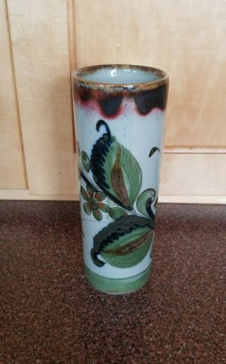 Vintage Ken Edwards Pottery Tonala Mexico Cylinder Vase Signed KE Bird Flowers 2
