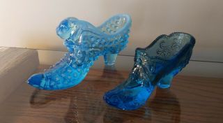 Vintage Fenton Blue Opalescent Glass Hobnail Slipper Shoe And Another Shoe