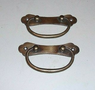 2 Vintage Solid Brass Drop Handle Drawer Pulls 4 1/4 " Long 3 Hole 56