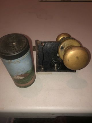 Vintage/Antique Brass Hardware: Lock Set w/ Brass Door Knobs And Snuff Can 3