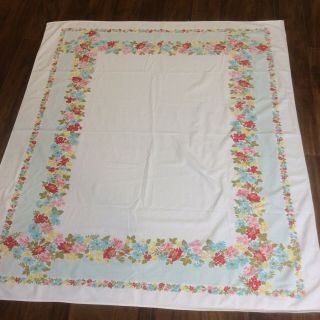 Vintage Floral Tablecloth Pink Aqua Green Yellow 57 X 49 Roses Daisies 1950s