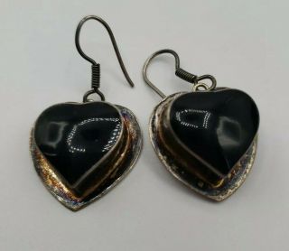 Taxco Mexico Onyx 925 Sterling Silver Hearts Vintage Large Dangle Drop Earrings
