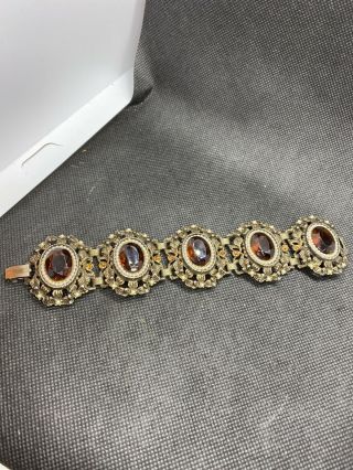 Vintage Garne Victorian Revival Topaz Rhinestone Bracelet,  Signed Chunky Flower