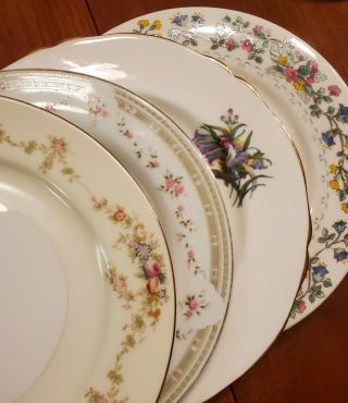 4 Vintage Mismatched China Salad / Dessert Plates Gold Pink Florals 7 1/2 - 8 "