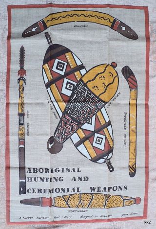 Vintage Australia Souvenir Linen Tea Towel With Aboriginal Weapons Large 20 X 30