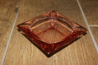 Vintage Pink Clear Glass Square Ashtray.  4 5/8 " Four Slots.  Vguc