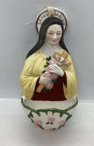 Vintage German Bisque Porcelain Santa Theresia Holy Water Font 7” Tall