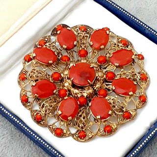 Gorgeous Vintage Czech Art Deco Carnelian Red Filigree Large Round Brooch Pin