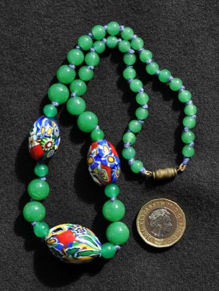 Vintage Venetian Murano Millefiori & Green Czech Peking Glass Bead Necklace