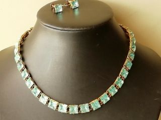 Vintage Jewellery Goldtone And Blue Art Deco Set Of Necklace And Earrings